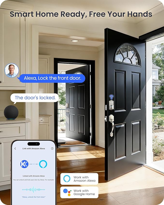 Veise VE027-H Built-in Wi-Fi Fingerprint Smart Deadbolt Lock with Handleset, App Remote & Voice Control, Keyless Entry Front Door Lock Set, Touchscreen Keypad, Auto-Lock, Easy Setup, Satin Nickel