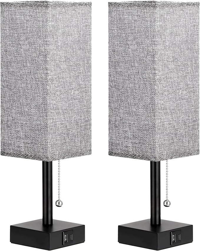 aooshine Bedside Table Lamps Set of 2 - Gray Bedroom Lamps with 3 Color Temperatures (3000K/5000K/4000K), Square Nightstand Light with USB C + A Charging Ports, Pull Chain Small Night Light