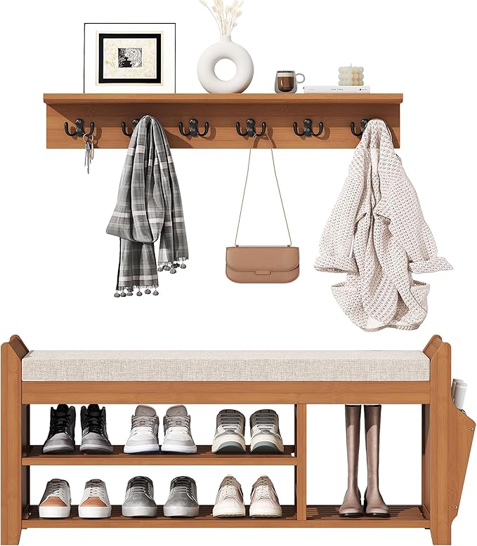 39.4" Shoe Bench with Coat Rack Hidden Drawer and Side Holder, 2 Tier Entryway Bench with Storage, Bamboo Shoe Rack with Cushion for Entryway Hallway Living Room Bedroom