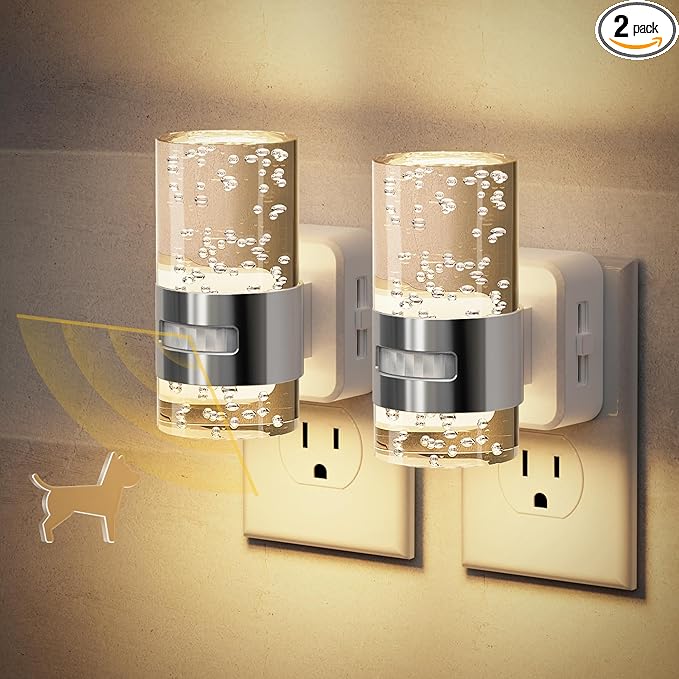 JandCase Motion Sensor Night Light, Dimmable Night Lights Plug Into Wall, 2 Pack 3000k Soft White Night-Lights With 0-100Lm Adjustable Brightness, Acrylic Plug In Nightlight For Bedroom Bathroom Decor