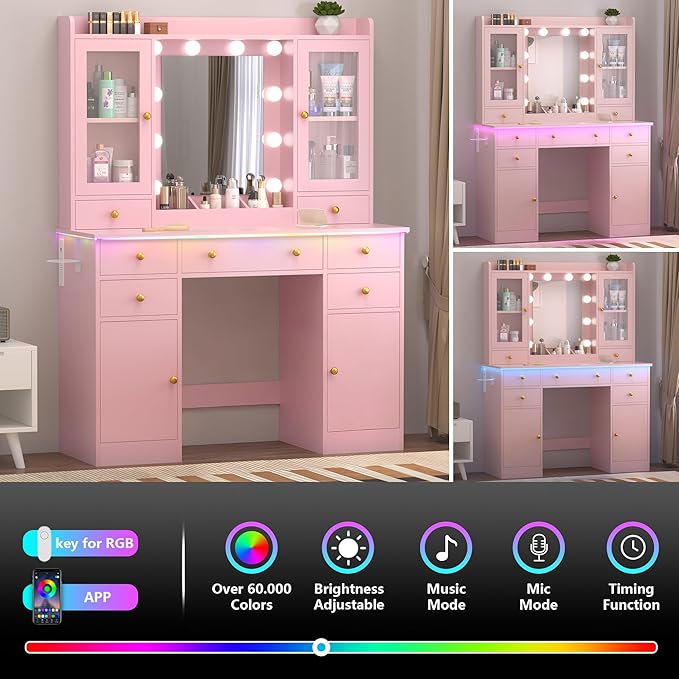 Vanity Desk with Mirror and Lights, 43" Pink Makeup Vanity Set with 5 Drawers & Glass Cabinets, Makeup Tray, Power Outlet & Adjustable LED Lights, Dressing Table for Women & Girls Bedroom
