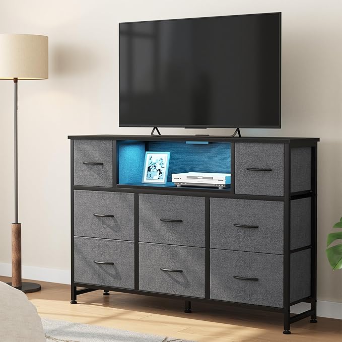 DUMOS TV Stand Dresser with 8 Fabric Drawers and Open Shelves, LED Entertainment Center with Charging Station, Wood Top Media Console for 45-55 inch, Bedroom, Grey