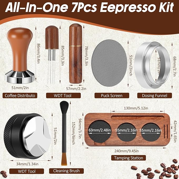 7 Pcs Espresso Accessories Kit, 51 mm Coffee Tamper Set Espresso Machine Accessories Coffee Tamper Wdt Tool Dosing Funnel Puck Screen Brush Tamping Station for 51 mm Barista Tools