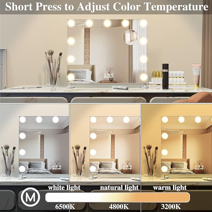 BEAUTME Vanity Mirror with Lights,Dressing Tabletop Vanity Mirror with Led Lights Beauty Mirror, Comes with a Tenfold Magnifying Glass, Intelligent Touch Desktop/Wall Mounted Makeup Mirror