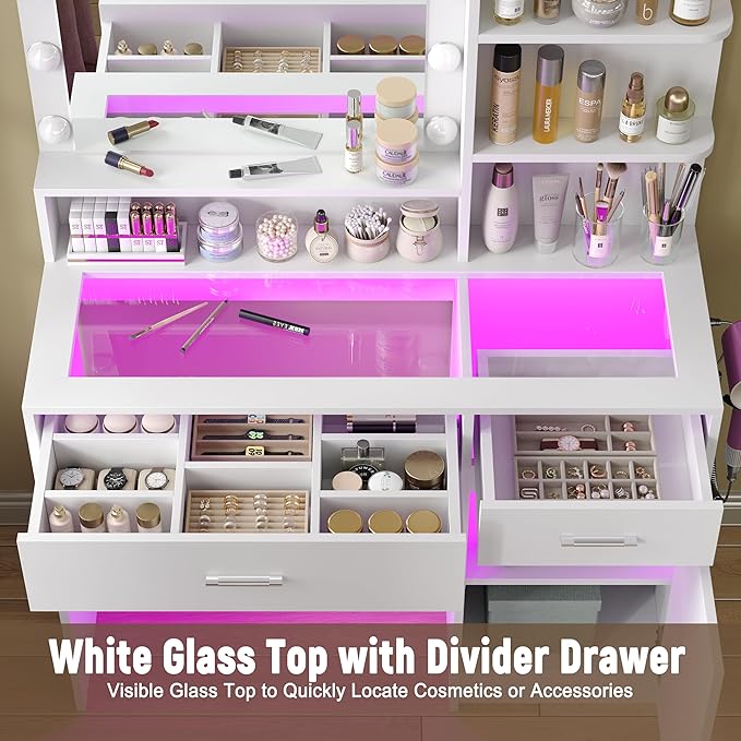 White Vanity Desk with Mirror and Lights, Vanitys with Glass Top & Power Outlet, Dressing Table with 36 Lighting Modes Brightness Adjustable RGB Drawers, for Women Girls Bedroom