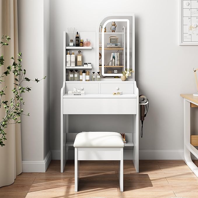 Small Makeup Vanity Desk with Mirror and Lights, Vanity Table Set with Storage Drawer, 3 Lighting Colors, Dressing Table for Bedroom, White