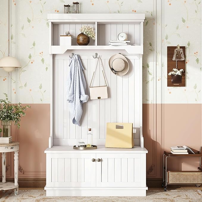 4-in-1 Hall Tree with Storage Bench & Coat Rack - Entryway Organizer with Hooks, Shoe Storage, and Display Shelves for Modern Homes (White)