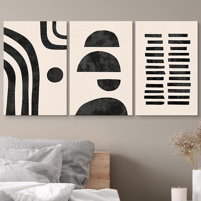 wall26 Wall Art Print Set Black and Tan Semi Circles and Lines Geometric Shapes Digital Art Modern Art Mid-Century Modern Relax/Calm for Living Room, Bedroom, Office - 16"x24" x 3
