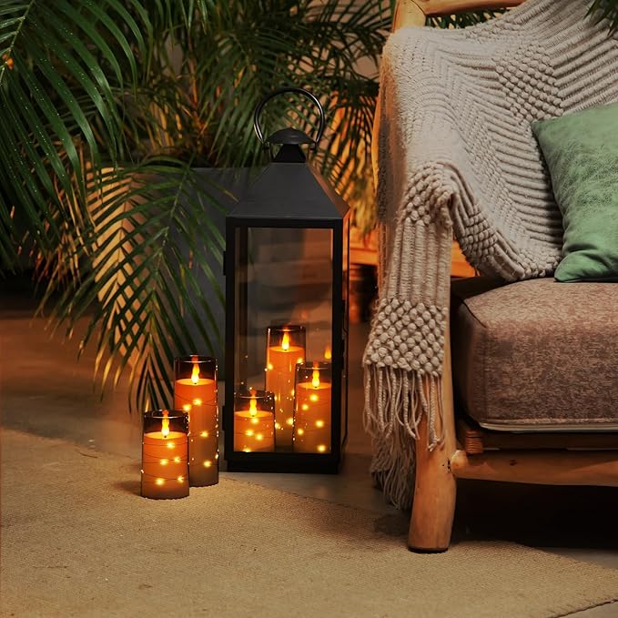 Homemory Flameless Candles with Embedded Star String Fairy Lights, Battery Operated Candles, LED Candle, Fake Candles with Remote Control and Timer for Halloween, Gray Acrylic, Set of 5(H4"5"6"8"8")