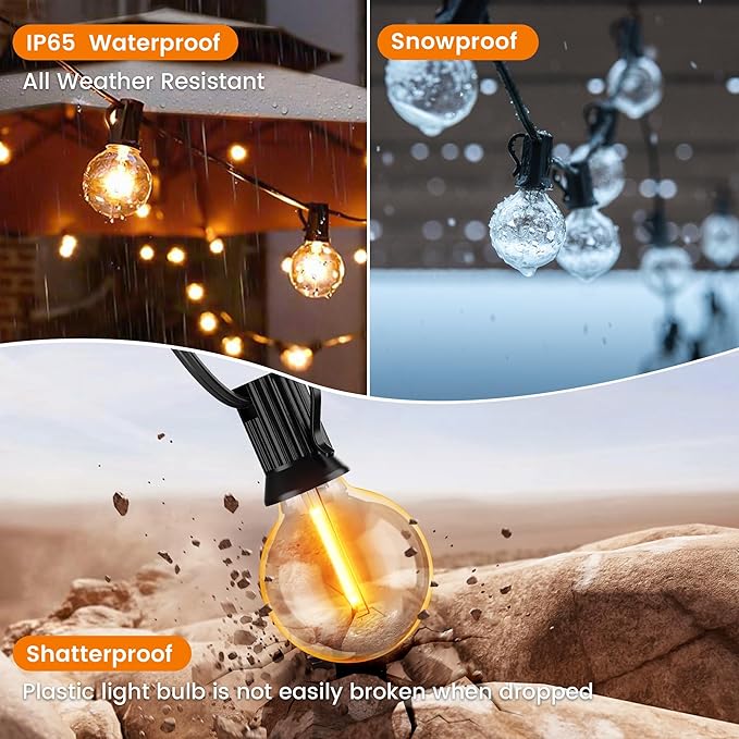 OHLUX Outdoor String Lights, 27FT LED Patio Lights with 17 Dimmable Plastic G40 Globe Bulbs(2 Spares), 2200K Waterproof Connectable Hanging Lights for Backyard Porch Cafe Party Decor E12 Socket Base