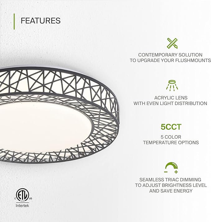 ASD 16 Inch LED Flush Mount Ceiling Light Fixture for Bedroom, 28W 1576LM 5CCT 2700K-5000K, Triac Dimmable Lights, Dining, Living Room, Kitchen Lamps, Modern Home Lighting Fixtures, Black, ETL