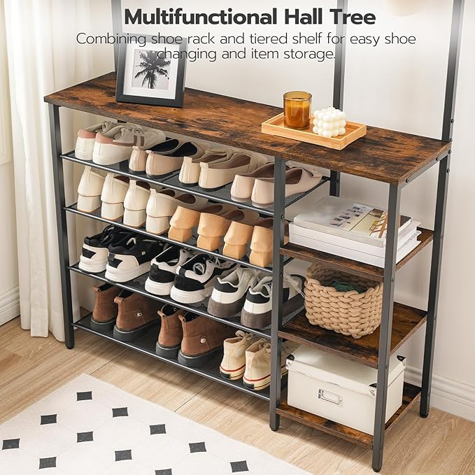 HOOBRO Hall Tree with Bench, Entryway Bench with Coat Rack, Shoe and Coat Rack for Entryway, Coat Rack with Shoe Storage and Reversible Storage Shelves, Rustic Brown BF105MT01
