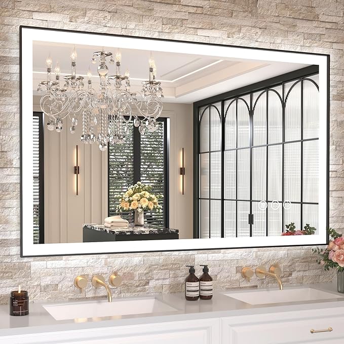 Amorho LED Bathroom Mirror with Black Frame, 48" X30" Front Light and Backlit(Controlled Separately), Stepless Dimmable, Anti-Fog, Shatter-Proof, 3 Colors, Memory