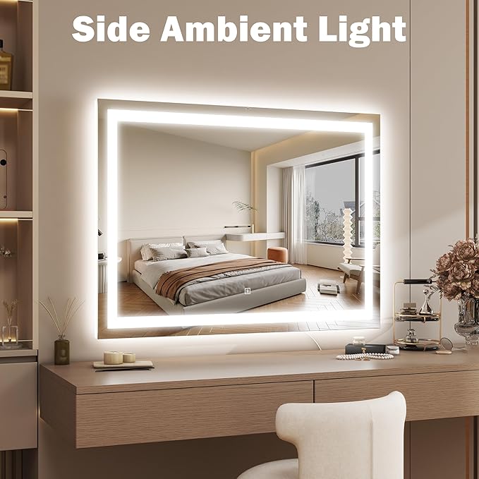 ROLOVE 38"x28" Inch Large Lighted Vanity Mirror, 3-Color Lighting & Dimmable Modes, LED Makeup Mirror for Bathroom/Dressing Room (Wall/Tabletop Mount, White)