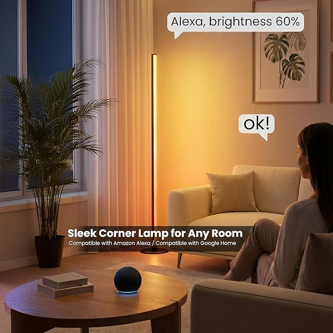 24V Smart RGB Floor Lamp with Independent Color Control Warm & Cool White, 2000 Lumens Reading Light, Music Sync, Compatible with Alexa & Google Assistant, App & Remote Control