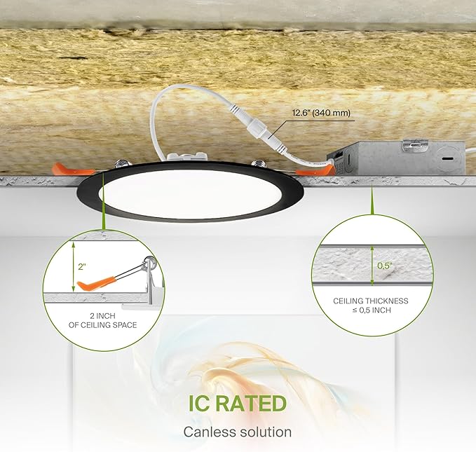 ASD 1 Pack 8 Inch LED Recessed Light 20W, 5 CCT 2700K-5000K CRI90+, IC Rated Ultra Thin Dimmable Ceiling Lights with J Box, Canless Wafer Downlight, Round Slim Panel Lighting, UL Listed, Black