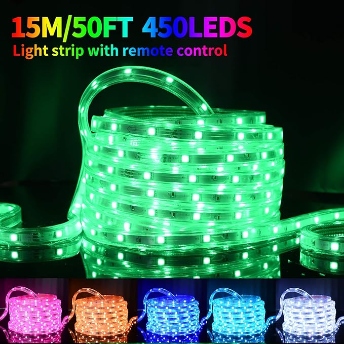 LED Rope Lights 50ft/15m RGB Dimmable Strip Lighting Kit, Flexible 450 LED, 110V, Waterproof, Male and Female connectors, Power Plug Built-in Fuse Design, Infrared Remote Control