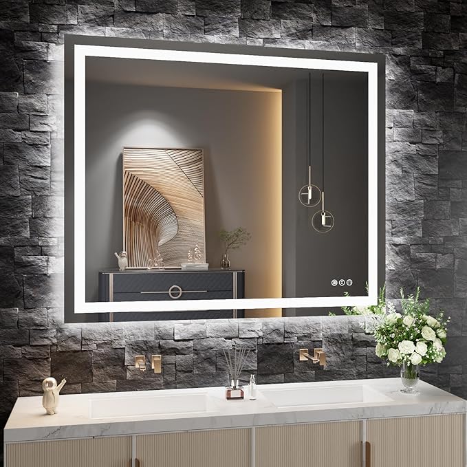 Amorho LED Bathroom Mirror, 48"x 38" with Front and Backlight, Stepless Dimmable Wall Mirrors with Anti-Fog, Shatter-Proof, Memory, 3 Colors, Double LED Vanity Mirror(Horizontal/Vertical)