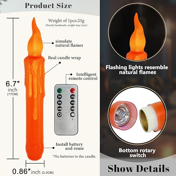 Orange Flameless Short Taper Candles, Real Wax Hand Dipped LED Battery Operated with Remote, Flickering Flame Lights for Festival Party Home Décor, 6.7 Inch Primitive Flameless Candles, 4PCS