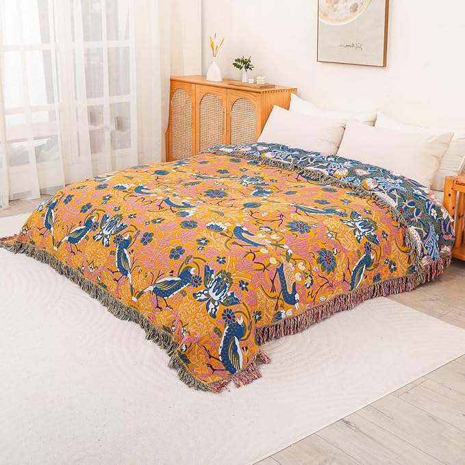 Boho Cotton Muslin Twin Size Bed Throws,100% Cotton Rustic 4 Layer Reversible Bid and Floral Woven Washable Breathable Decor Quilt 60"×80" for Couch Sofa All Seasons,Blue &Yellow