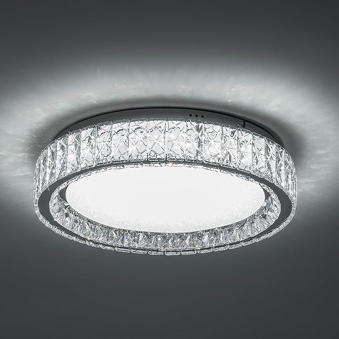 Krychiler 21.6" Large Crystal Flush Mount Ceiling Lights, Dimmable LED Modern Close to Ceiling Lighting Fixture, Chrome Hallway Round Chandelier for Bedroom Kitchen Bathroom Foyer Living Dining Room