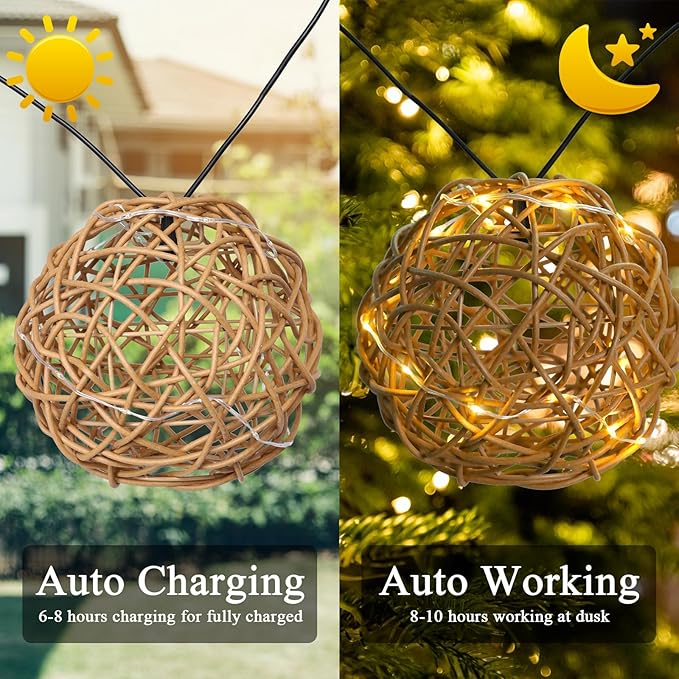Solar Pendant Lights Outdoor Chandelier 7.5" Outdoor Rattan Solar Fairy String Hanging Lights Ball with Remote 4 Modes Lighting Waterproof Rattan Lantern Lighted Orb for Garden Porch Patio