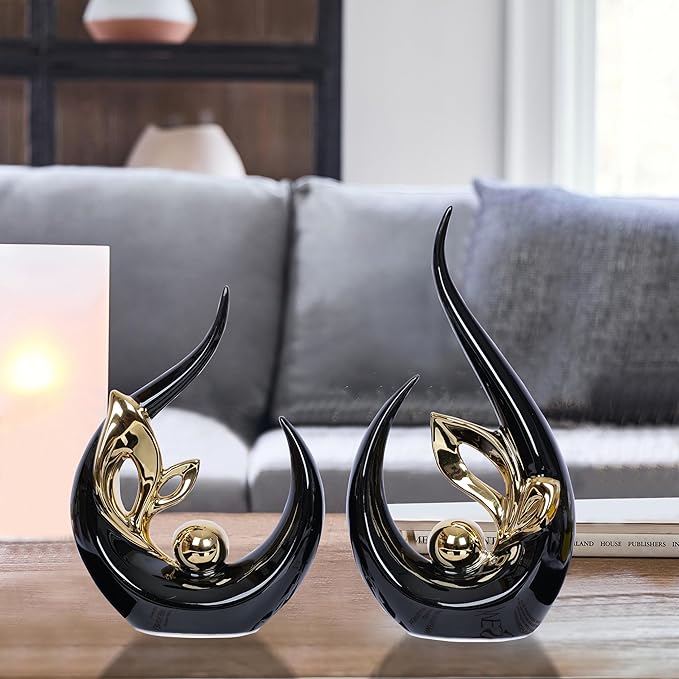 2 PCS Black Gold Home Decor Accent Ceramic Statue Abstract Sculptures Centerpieces Mid Century Modern Decor for Tables Coffee Table top Decorations for Living Room Desktop Shelf Dining Room Kitchen