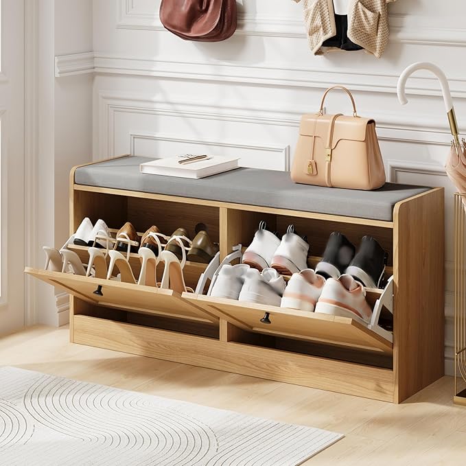 MHOM Oak Modern Entryway Bench with 2 Flip Drawers, Shoe Rack with Padded Seat Cushion, Wooden Storage Bench for Entryway and Hallway
