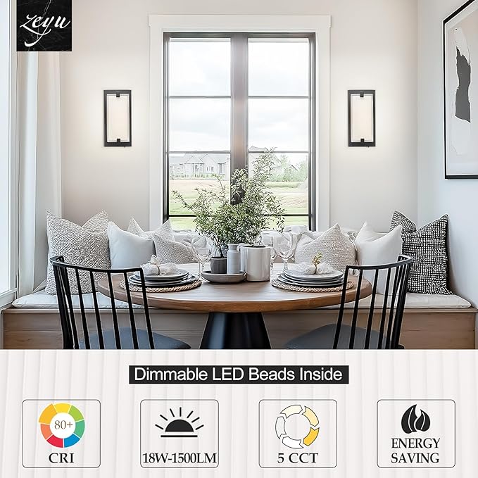 zeyu LED Indoor Wall Sconce, 18W Modern Dimmable Wall Mount Light for Hallway, 5CCT Adjustable 3000K/3500K/4000K/5000K/6500K, Black Finish with Clear Glass Shade, ZTH100B-LED BK