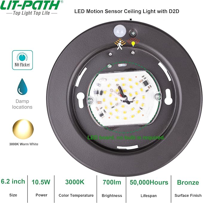 LIT-PaTH LED Flush Mount Ceiling Light, Closet Lighting Fixture with Motion Sensor and Dusk to Dawn, 10.5W, 800 Lumen, 6.2 Inch, Anti-Rust Galvanized Housing, Bronze Finish 3000K 4-Pack