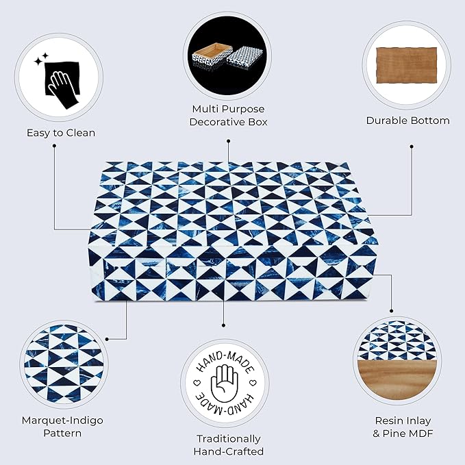 Handicrafts Home Blue and White Decorative Storage Box with Lid– Rectangular Coffee Table Storage Box, Handmade Resin Inlay Wooden Box, Remote Holder, Desk Organizer, Decorative Keepsake Box-10x6x2.5"