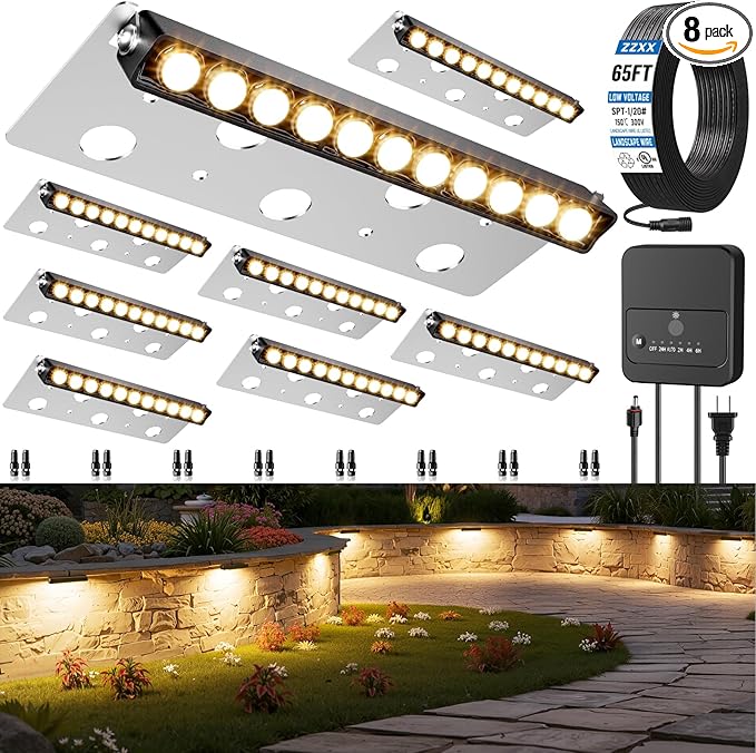 ZZXX All-in-One Retaining Wall Lights with Transformer, 2700K Hardscape Lighting, Low Voltage Landscape Lighting, IP68 Waterproof Outdoor Step Lights Fence Decor for Patio Stairs, 3W Lights 8-Pack