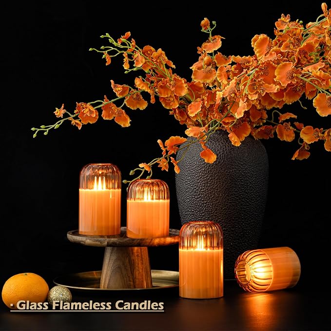 Lezonic Glass Flameless Candles Battery Operated with Remote, Dancing Flame LED Flickering Flameless Pillar Candles, Set of 4 Real Wax Fall Decorations for Home, H: 4" 4" 5" 5"(Pumpkin Orange)
