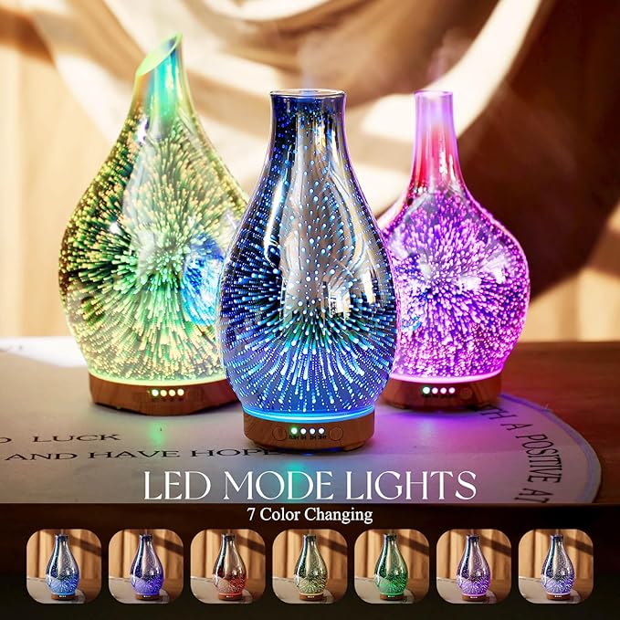 Porseme Essential Oil Diffuser 3D Glass Aromatherapy Ultrasonic Humidifier Cool Mist, Auto Shut-Off, Timer Setting, BPA Free for Home Office Hotel Yoga Gym Leisure SPA Gift 100ml