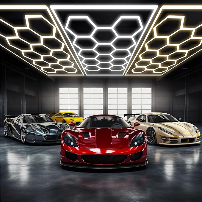 Hexagon LED Lights, Dimmable Hexagon Garage Lights, 3 Color Temperature 6500K/4500K/3000K, Hex Light with WiFi Smart Switch, Aluminum LED Lighting for Garage Gym Barber Auto Detailing Shop Car Dealer