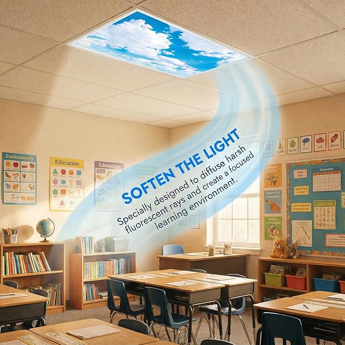 4 Pack Fluorescent Light Covers for Ceiling Lights -Magnetic Cloud Cover for Fluorescent Or LED Fixture 2ft x 4ft Classroom,Home,Office Decoration Filters Overhead Lighting White cloud