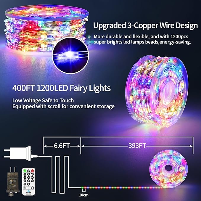 403 FT 1200 LED Christmas Fairy Lights Plug in Xmas Lights Outdoor Decorations Waterproof String Lights with Timer 8 Modes Memory Twinkle Lights for Holiday Wedding Party Garden-Multicolored