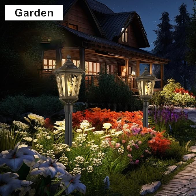 LED Solar Post Lights, Outdoor Waterproof Solar Pathway Lights Exterior Auto On/Off Garden Pole Stake Lighting Outside Dusk to Dawn Lamp for Lawn Path Walkway, Ground Plug, Remote Control