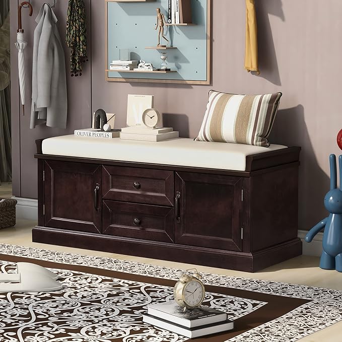 Knocbel 42.5" Entry Storage Bench with Removable Cushion, 2 Drawers and 2 Cabinets, Entryway Hallway Foyer Shoe Bench End of Bed Bench with Aluminum Handles, 200lbs Weight Capacity (Espresso)