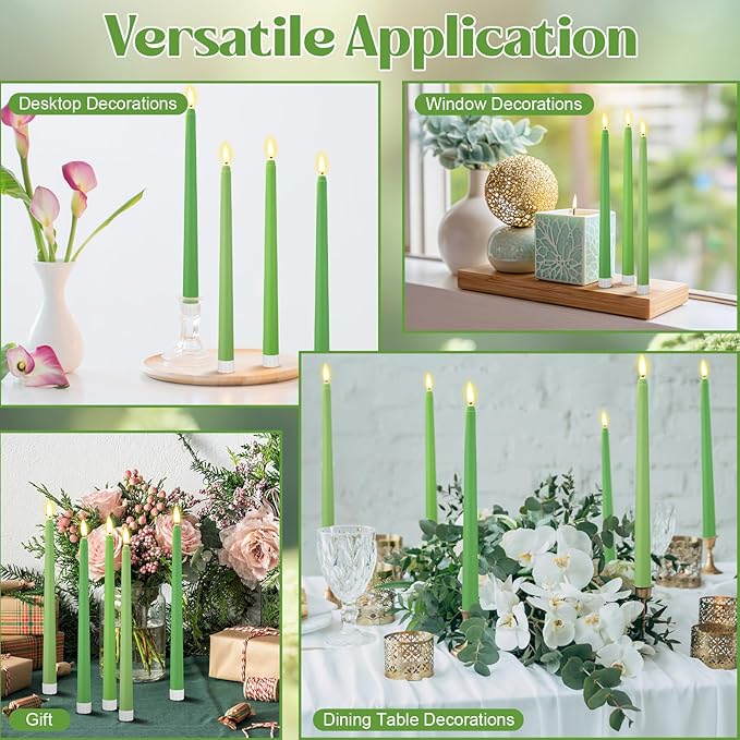 Macarrie 24 Packs Flameless Taper Candles Battery Operated Fake 11 Inch Long Candlelight LED Flameless Candlesticks Flickering Tapered for Spring Summer Wedding(Spring Green)