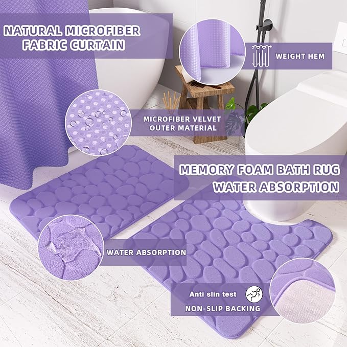 XLHOMO Bathroom Accessories Set - 25PC Bathroom Sets with Shower Curtain and Rugs, Purple Bathroom Set with Trash Can, Soap Dispenser, Soap Dish & Toilet Brush