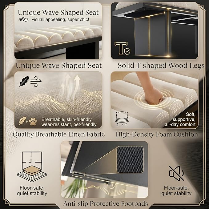 Modern Bedroom Bench, 47 Inch Upholstered End of Bed Bench Padded Entryway Bench with Cylindrical Cushion/Black Wood Legs, Wooden Ottoman Bench for Living Room, Hallway, Linen Beige