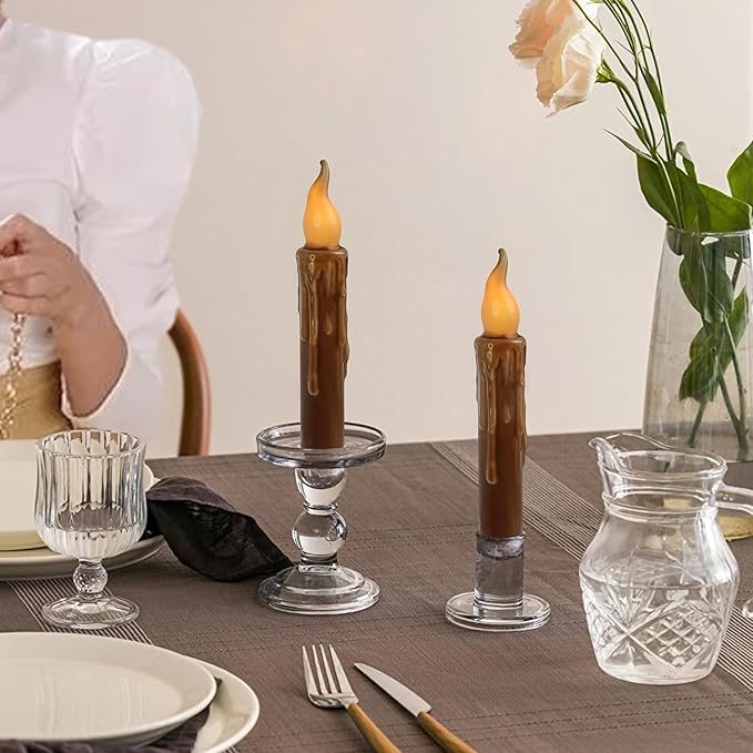 Brown Flameless Short Taper Candles, Real Wax Hand Dipped LED Battery Operated with Remote, Flickering Flame Lights for Festival Party Home Décor, 6.7 Inch Primitive Flameless Candles, 2PCS