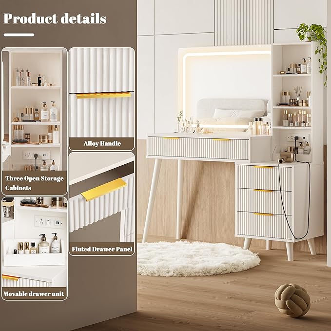 Vanity Desk with Mirror and Lights, Makeup Vanity Desk with Power Outlet, Makeup Desk with 5 Drawers&Storage Shelves, Vanity Table 3 Color Adjustable Brightness Dressing Table Set for Bedroom White