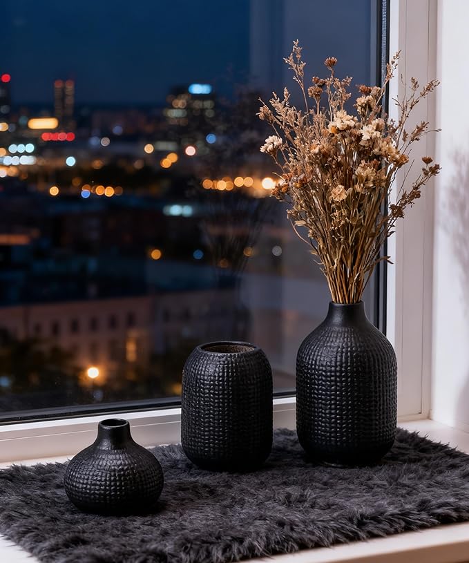Black Ceramic Vases for Decor, 3 Set Weave Style Modern Minimalist Farmhouse Decoration for Table Shelf, Bookshelf Decoration