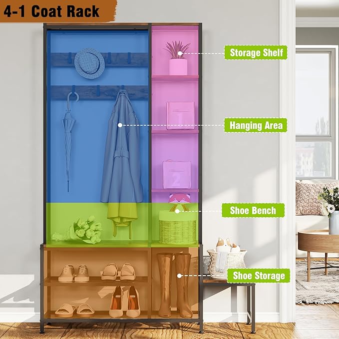 Hall Tree with Shoe Storage Bench Coat Rack with 7 Hooks Interchangeable 4 Tier Side Storage Shelves Small Cute Side Bench Industrial 5-in-1 Entryway Coat Rack for Hallway Mudroom Bedroom