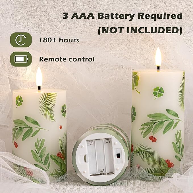Flameless Pillar Candles with Remote, 3 Pack Battery Operated Real Wax Green LED Candles, Perfect for Spring Summer Home Decorations Fireplace Table, Shamrock