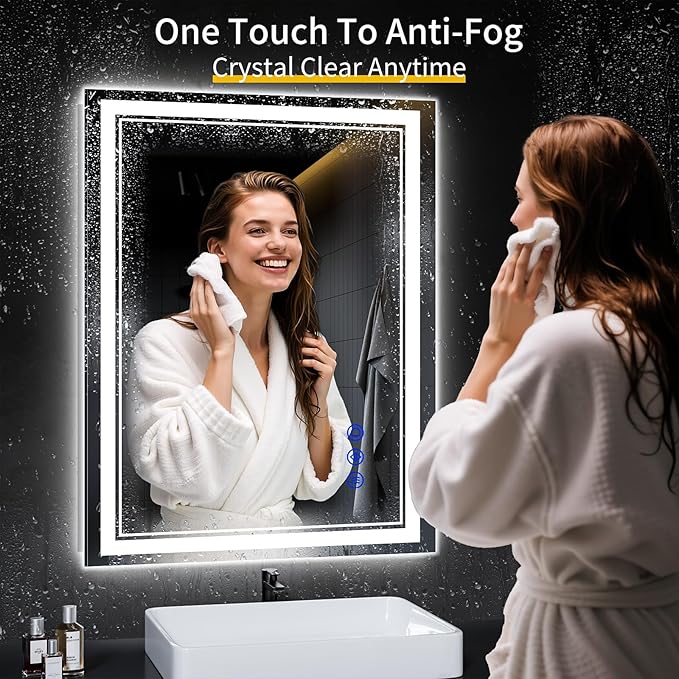 36"x28" LED Bathroom Mirror with Anti-Fog, Stepless Dimmable Lights, 3 Color Modes, Shatter-Proof Tempered Glass,Waterproof Design