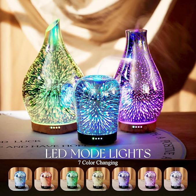 Porseme Essential Oil Diffuser, Aromatherapy Ultrasonic Cool Mist Humidifier, 3D Effect Glass, Auto Shut-Off, Timer Setting,100ml Aroma Decoration for Home, Office, Gym, Spa, Premium Gift