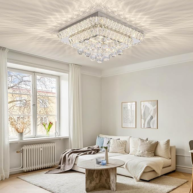 18" Crystal Ceiling-Light Flush Mount with Remote Control and APP, 3 Colors Temp & Brightness Adjustable, Modern Crystal Raindrop Chandeliers for Bedroom Hallway Dinning and Living Rooms-square